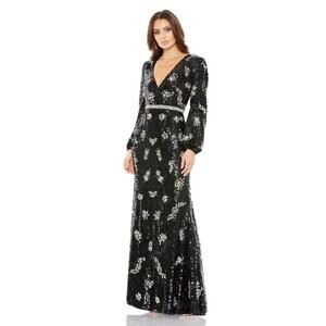 Mac Duggal Black 93616 Bishop Long Sleeves V Neck Sequin Gown Size 6 NWT